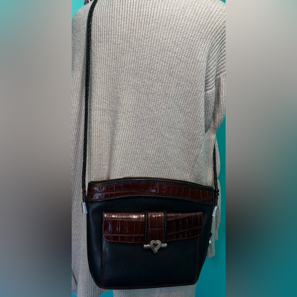 Brighton Black Pebbled Leather Brown Croc. Braided Strap Shoulder Handbag